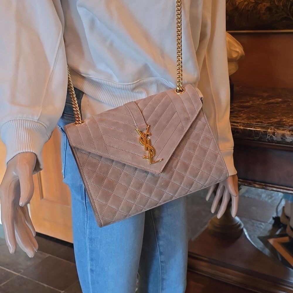 Yves Saint Laurent Tan  Quilted Suede Crossbody Envelope Bag, NWOT - Picture 11 of 16